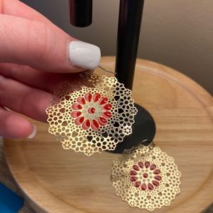 Gold and red flower earrings